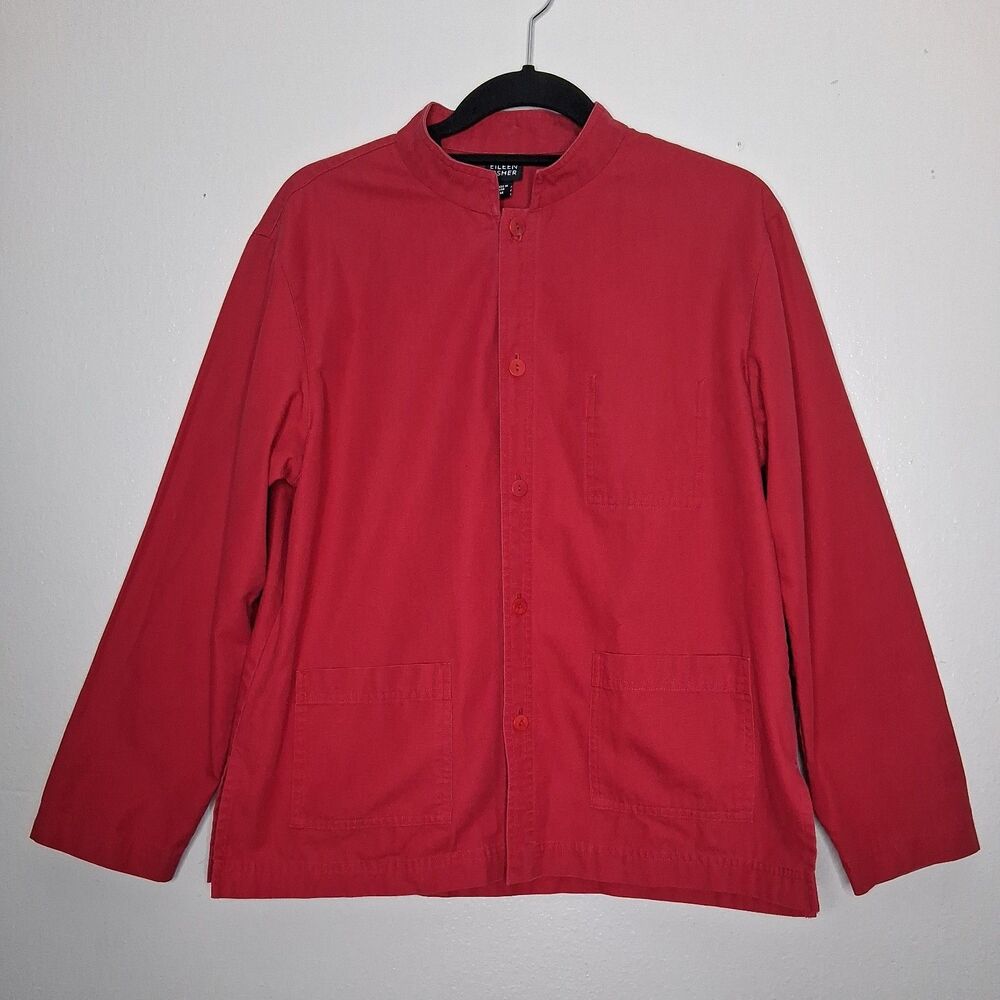 Eileen Fisher Red Button Front Shirt Cotton Jacket Women Pockets Relaxed Fit M